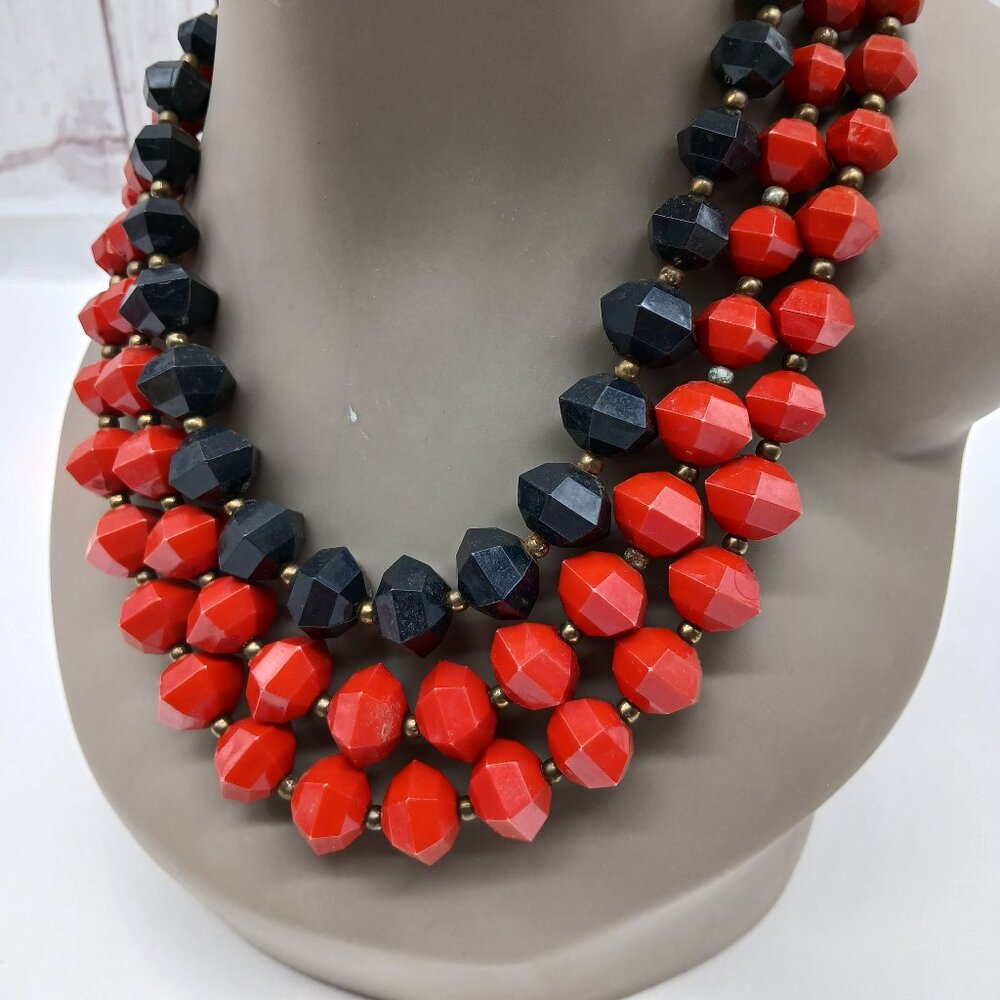 Alma Mater Collection Red Black 3 Stand Layered Bib Necklace Chunky Statement